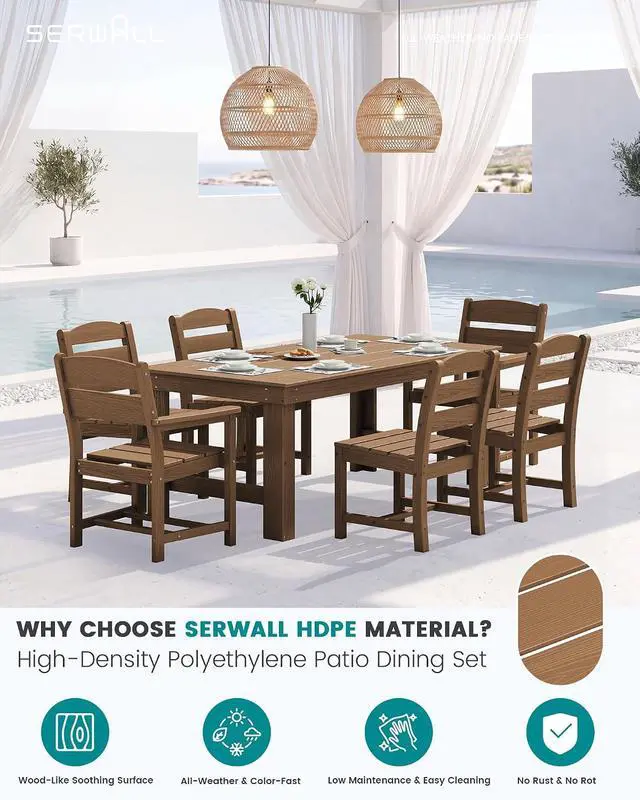 Alt view image 2 of 6 - Outdoor Dining Table Set, 67 HDPE Patio Dining Set for 4, All-Weather Outdoor Table and Armless Chairs Set for Deck, Brown