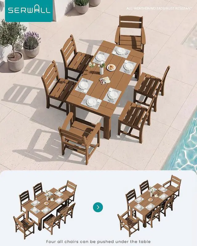 Alt view image 6 of 6 - Outdoor Dining Table Set, 67 HDPE Patio Dining Set for 4, All-Weather Outdoor Table and Armless Chairs Set for Deck, Brown