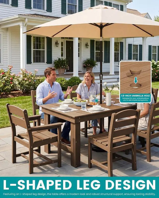 Alt view image 3 of 6 - Outdoor Dining Table Set, 67 HDPE Patio Dining Set for 4, All-Weather Outdoor Table and Armless Chairs Set for Deck, Brown