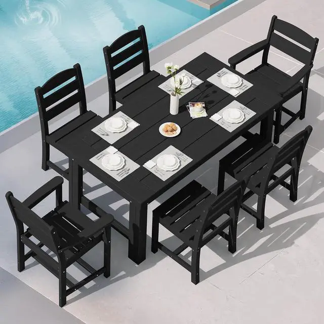 Main image of Outdoor Dining Table Set, 67 HDPE Patio Dining Set for 6, Wood-Like All-Weather Outdoor Table and Armless Chairs Set for Lawn, Black