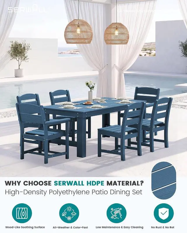 Alt view image 2 of 6 - Outdoor Dining Table Set, 67 HDPE Patio Dining Set for 4, All-Weather Outdoor Table and Armless Chairs Set for Deck, Blue