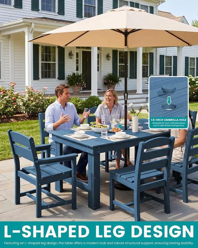 Alt view image 3 of 6 - Outdoor Dining Table Set, 67 HDPE Patio Dining Set for 4, All-Weather Outdoor Table and Armless Chairs Set for Deck, Blue