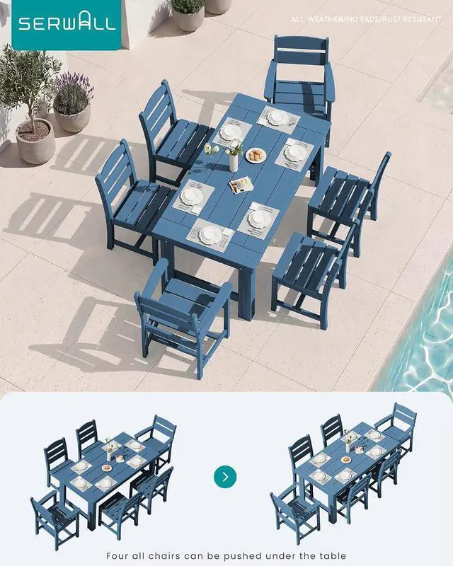 Alt view image 6 of 6 - Outdoor Dining Table Set, 67 HDPE Patio Dining Set for 4, All-Weather Outdoor Table and Armless Chairs Set for Deck, Blue