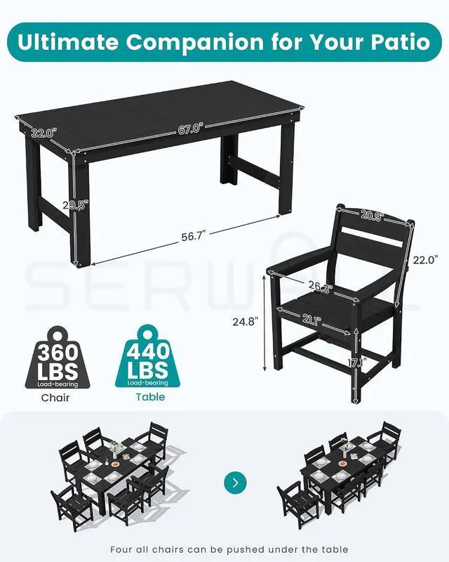 Alt view image 2 of 7 - HDPE Outdoor Dining Table Set, 67 Patio Dining Set for 6, Wood-Like All-Weather Outdoor Table and Chairs Set for Lawn, Black