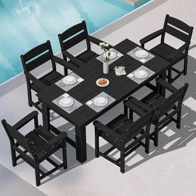 Main image of HDPE Outdoor Dining Table Set, 67 Patio Dining Set for 6, Wood-Like All-Weather Outdoor Table and Chairs Set for Lawn, Black