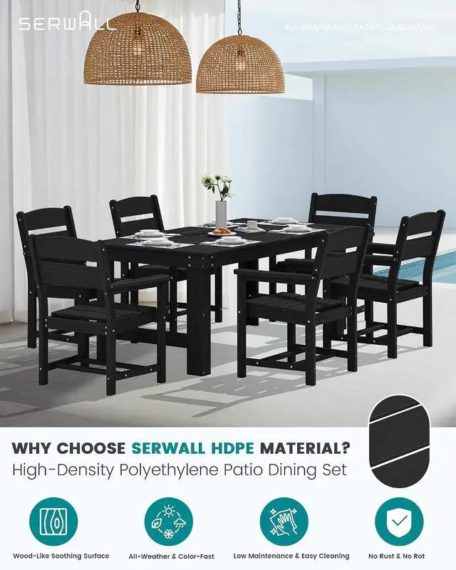 Alt view image 4 of 7 - HDPE Outdoor Dining Table Set, 67 Patio Dining Set for 6, Wood-Like All-Weather Outdoor Table and Chairs Set for Lawn, Black