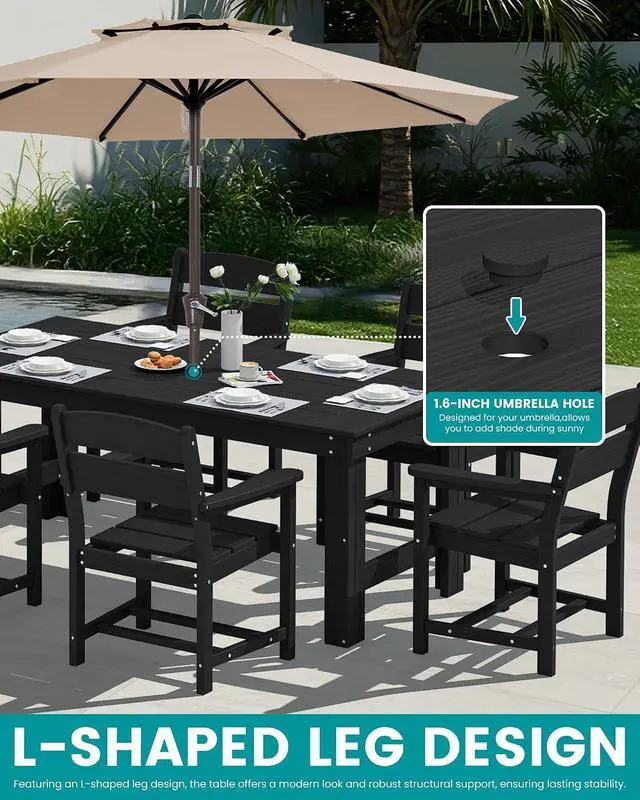 Alt view image 5 of 7 - HDPE Outdoor Dining Table Set, 67 Patio Dining Set for 6, Wood-Like All-Weather Outdoor Table and Chairs Set for Lawn, Black