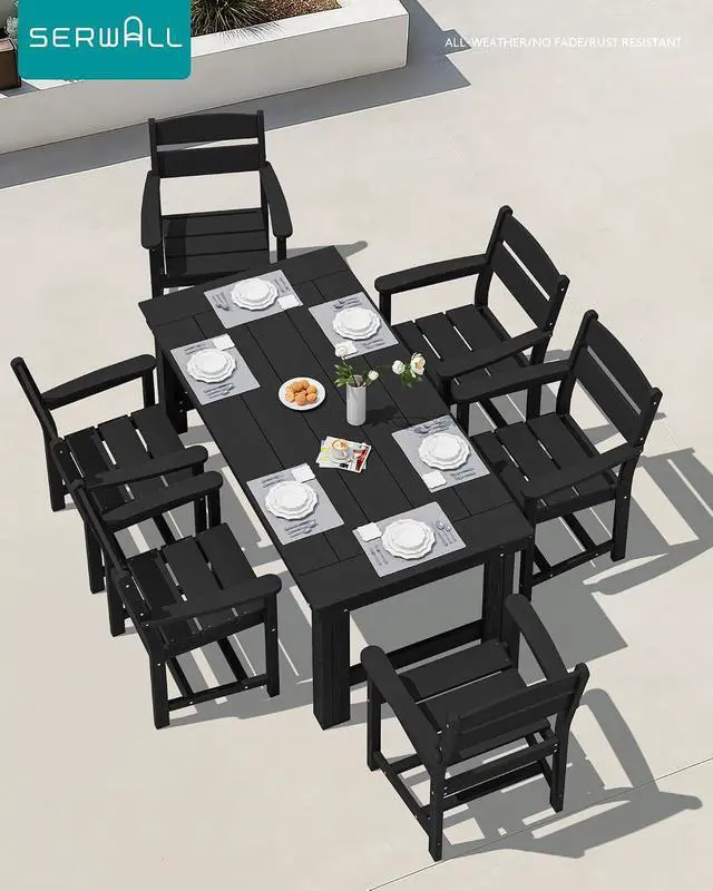 Alt view image 7 of 7 - HDPE Outdoor Dining Table Set, 67 Patio Dining Set for 6, Wood-Like All-Weather Outdoor Table and Chairs Set for Lawn, Black