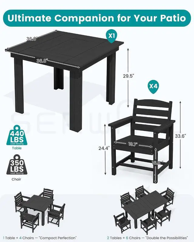 Alt view image 2 of 7 - HDPE Dining Set for 4, Outdoor Square Table and Chairs Set All Weather Patio Dining Set with 4 Classic Dining Chairs, 5-Piece Patio Dining Furniture for Deck, Black
