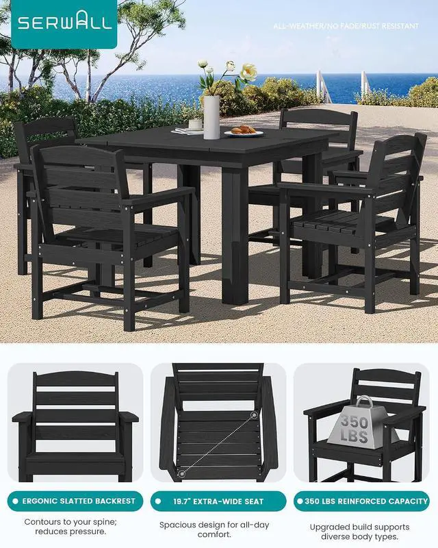 Alt view image 3 of 7 - HDPE Dining Set for 4, Outdoor Square Table and Chairs Set All Weather Patio Dining Set with 4 Classic Dining Chairs, 5-Piece Patio Dining Furniture for Deck, Black