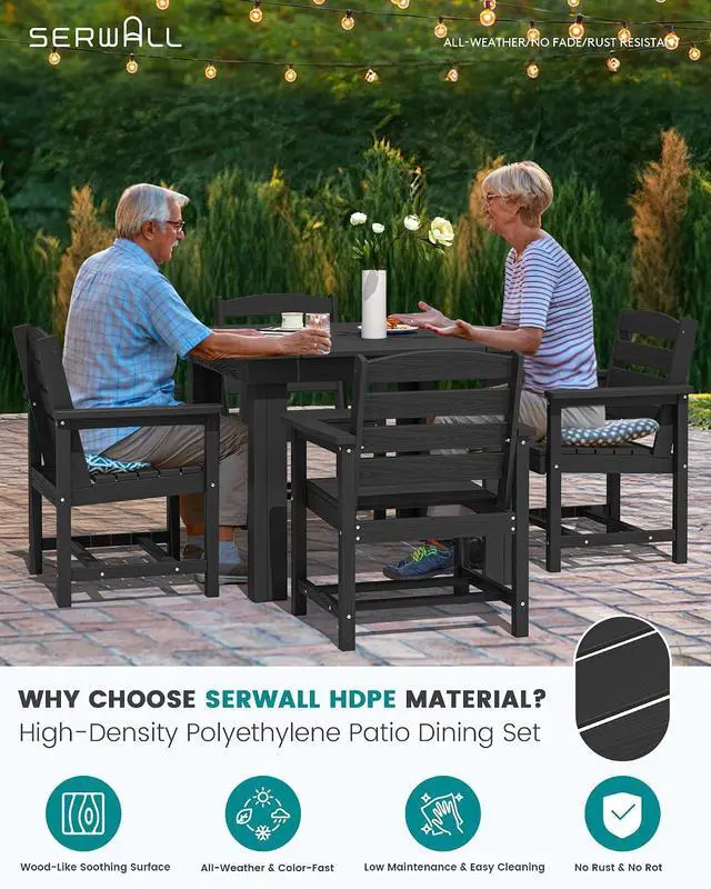Alt view image 4 of 7 - HDPE Dining Set for 4, Outdoor Square Table and Chairs Set All Weather Patio Dining Set with 4 Classic Dining Chairs, 5-Piece Patio Dining Furniture for Deck, Black