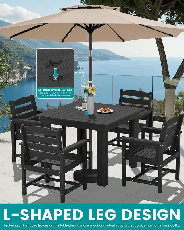 Alt view image 5 of 7 - HDPE Dining Set for 4, Outdoor Square Table and Chairs Set All Weather Patio Dining Set with 4 Classic Dining Chairs, 5-Piece Patio Dining Furniture for Deck, Black