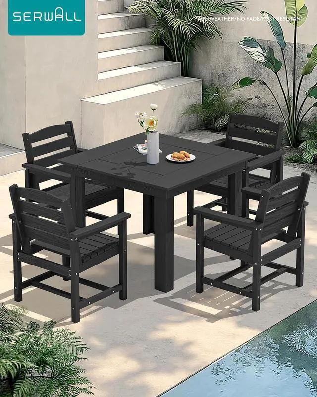Alt view image 7 of 7 - HDPE Dining Set for 4, Outdoor Square Table and Chairs Set All Weather Patio Dining Set with 4 Classic Dining Chairs, 5-Piece Patio Dining Furniture for Deck, Black