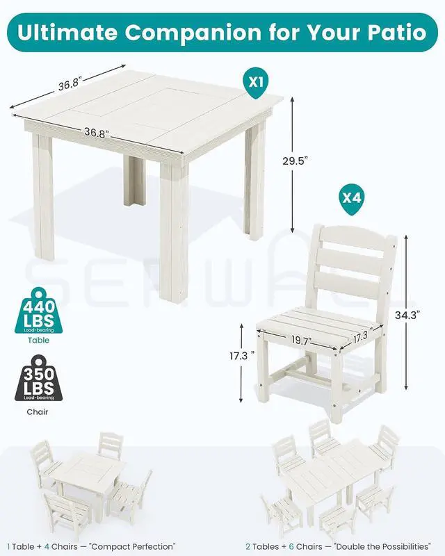 Alt view image 2 of 7 - Outdoor Dining Set for 4, HDPE Square Table and Chairs Set All Weather Patio Dining Set with 4 Armless Chairs for Patio, White