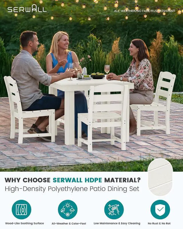 Alt view image 3 of 7 - Outdoor Dining Set for 4, HDPE Square Table and Chairs Set All Weather Patio Dining Set with 4 Armless Chairs for Patio, White
