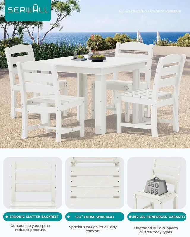 Alt view image 4 of 7 - Outdoor Dining Set for 4, HDPE Square Table and Chairs Set All Weather Patio Dining Set with 4 Armless Chairs for Patio, White