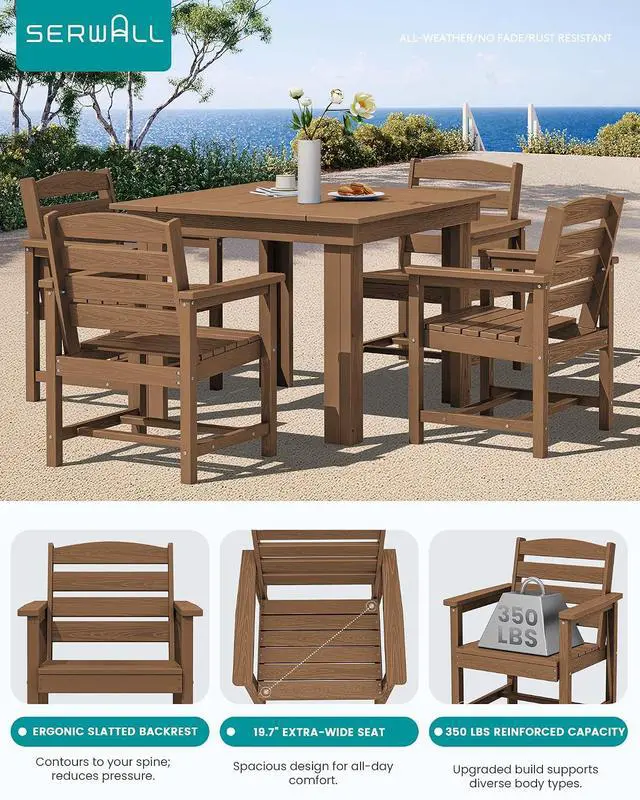 Alt view image 2 of 6 - Outdoor Dining Set for 4, HDPE Square Table and Chairs Set All Weather Patio Dining Set with 4 Classic Dining Chairs, 5-Piece Patio Dining Furniture for Deck, Brown