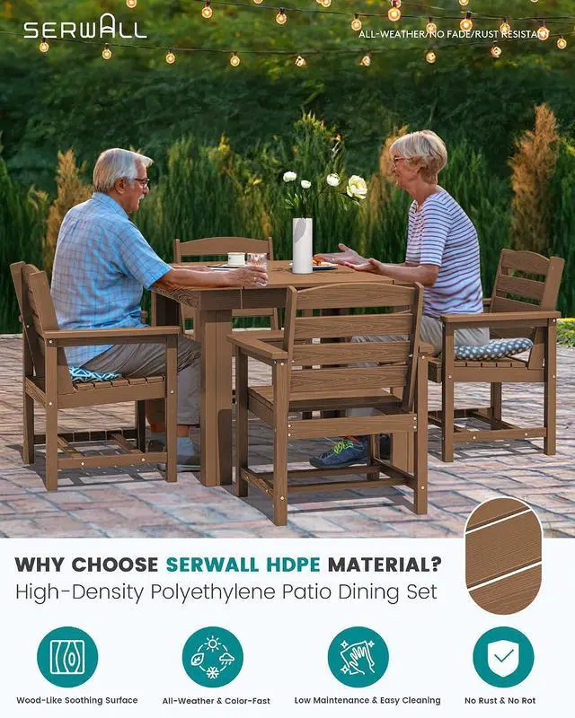Alt view image 3 of 6 - Outdoor Dining Set for 4, HDPE Square Table and Chairs Set All Weather Patio Dining Set with 4 Classic Dining Chairs, 5-Piece Patio Dining Furniture for Deck, Brown