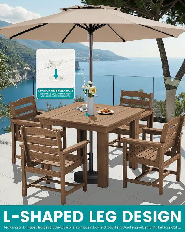 Alt view image 4 of 6 - Outdoor Dining Set for 4, HDPE Square Table and Chairs Set All Weather Patio Dining Set with 4 Classic Dining Chairs, 5-Piece Patio Dining Furniture for Deck, Brown