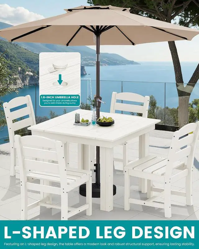 Alt view image 5 of 7 - Outdoor Dining Set for 4, HDPE Square Table and Chairs Set All Weather Patio Dining Set with 4 Armless Chairs for Patio, White