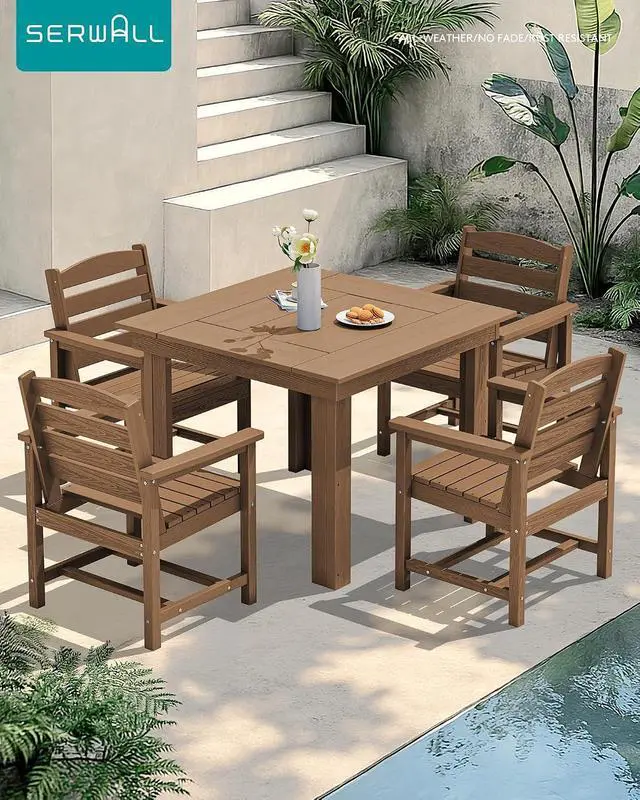 Alt view image 6 of 6 - Outdoor Dining Set for 4, HDPE Square Table and Chairs Set All Weather Patio Dining Set with 4 Classic Dining Chairs, 5-Piece Patio Dining Furniture for Deck, Brown