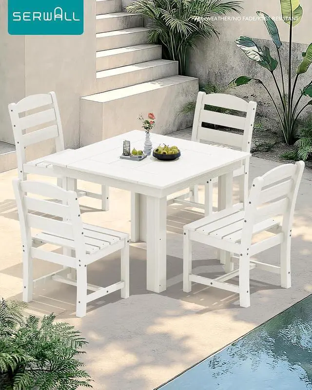 Alt view image 7 of 7 - Outdoor Dining Set for 4, HDPE Square Table and Chairs Set All Weather Patio Dining Set with 4 Armless Chairs for Patio, White