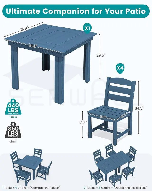 Alt view image 2 of 7 - HDPE Dining Set for 4, Outdoor Square Table and Chairs Set All Weather Patio Dining Set with 4 Armless Chairs for Patio, Blue