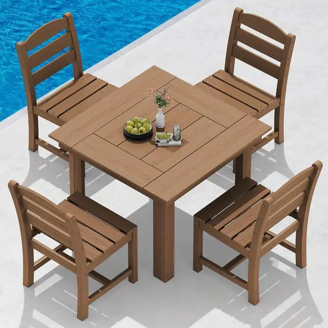 Main image of HDPE Dining Set for 4, Outdoor Square Table and Chairs Set All Weather Patio Dining Set with 4 Armless Chairs for Patio, Brown
