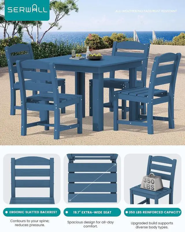 Alt view image 3 of 7 - HDPE Dining Set for 4, Outdoor Square Table and Chairs Set All Weather Patio Dining Set with 4 Armless Chairs for Patio, Blue