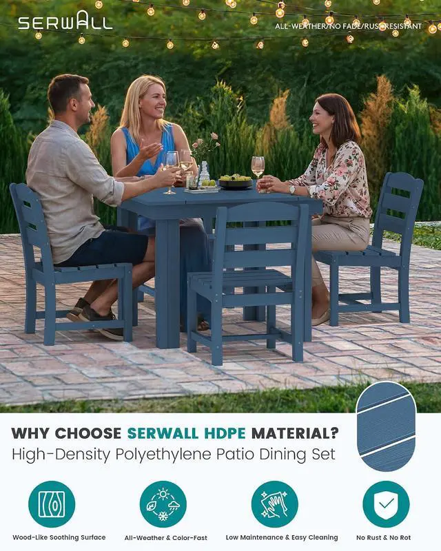 Alt view image 4 of 7 - HDPE Dining Set for 4, Outdoor Square Table and Chairs Set All Weather Patio Dining Set with 4 Armless Chairs for Patio, Blue