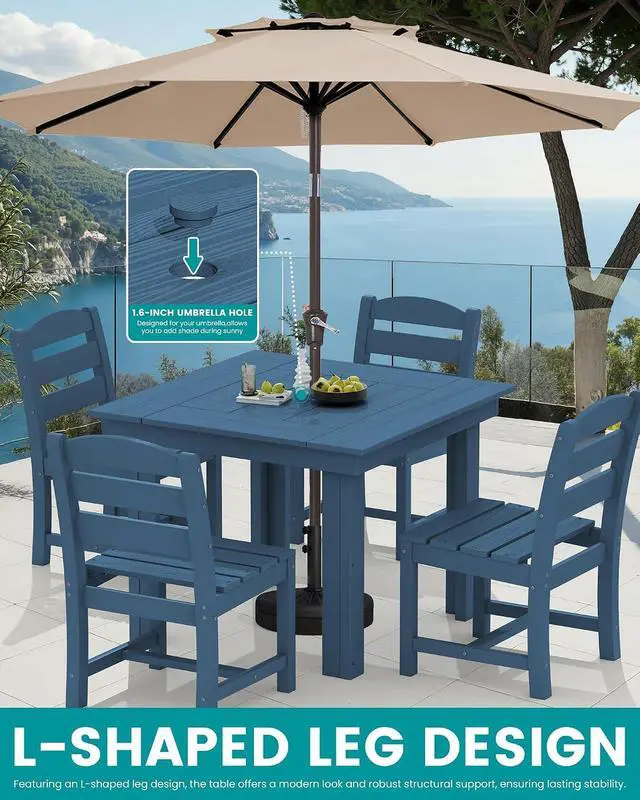 Alt view image 5 of 7 - HDPE Dining Set for 4, Outdoor Square Table and Chairs Set All Weather Patio Dining Set with 4 Armless Chairs for Patio, Blue