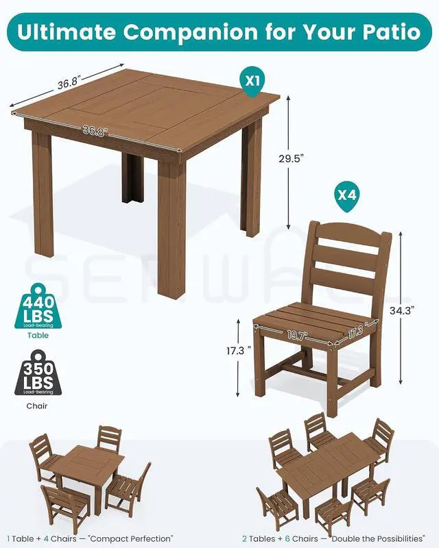 Alt view image 2 of 7 - HDPE Dining Set for 4, Outdoor Square Table and Chairs Set All Weather Patio Dining Set with 4 Armless Chairs for Patio, Brown