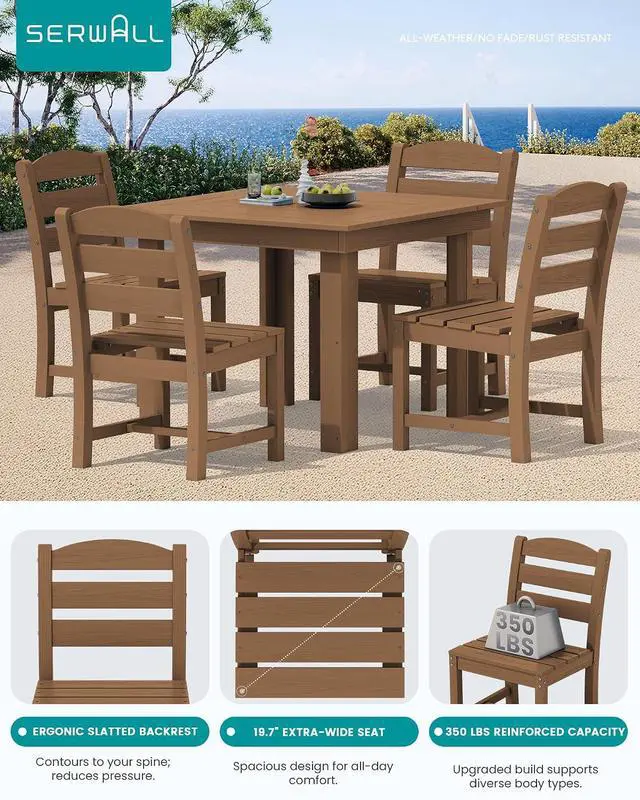 Alt view image 3 of 7 - HDPE Dining Set for 4, Outdoor Square Table and Chairs Set All Weather Patio Dining Set with 4 Armless Chairs for Patio, Brown
