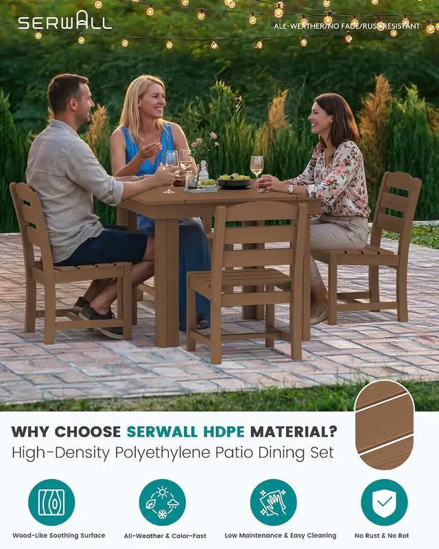 Alt view image 4 of 7 - HDPE Dining Set for 4, Outdoor Square Table and Chairs Set All Weather Patio Dining Set with 4 Armless Chairs for Patio, Brown