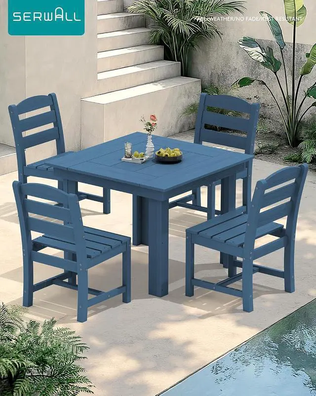 Alt view image 7 of 7 - HDPE Dining Set for 4, Outdoor Square Table and Chairs Set All Weather Patio Dining Set with 4 Armless Chairs for Patio, Blue