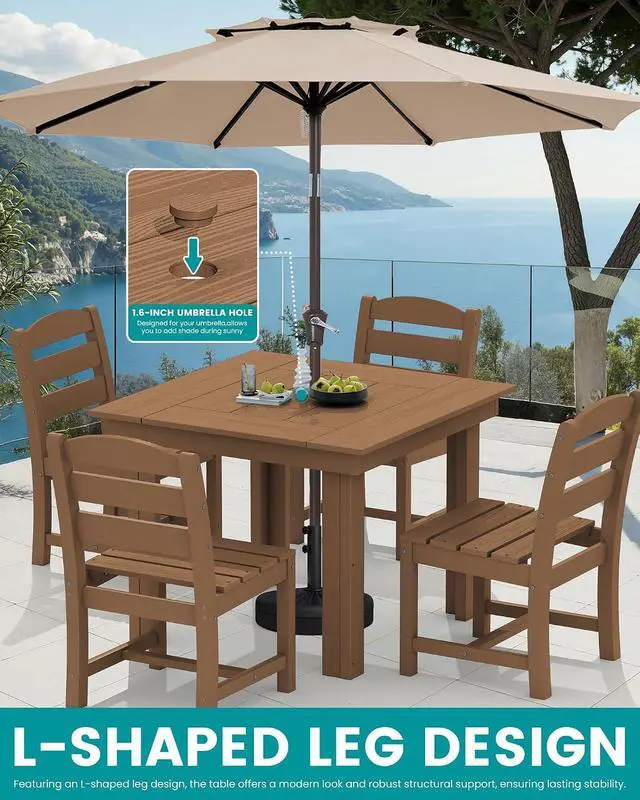 Alt view image 5 of 7 - HDPE Dining Set for 4, Outdoor Square Table and Chairs Set All Weather Patio Dining Set with 4 Armless Chairs for Patio, Brown
