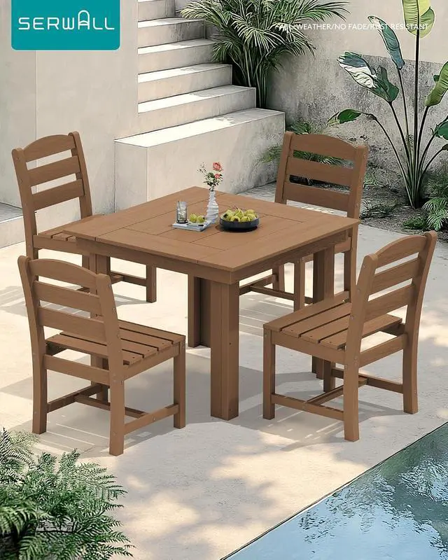 Alt view image 6 of 7 - HDPE Dining Set for 4, Outdoor Square Table and Chairs Set All Weather Patio Dining Set with 4 Armless Chairs for Patio, Brown