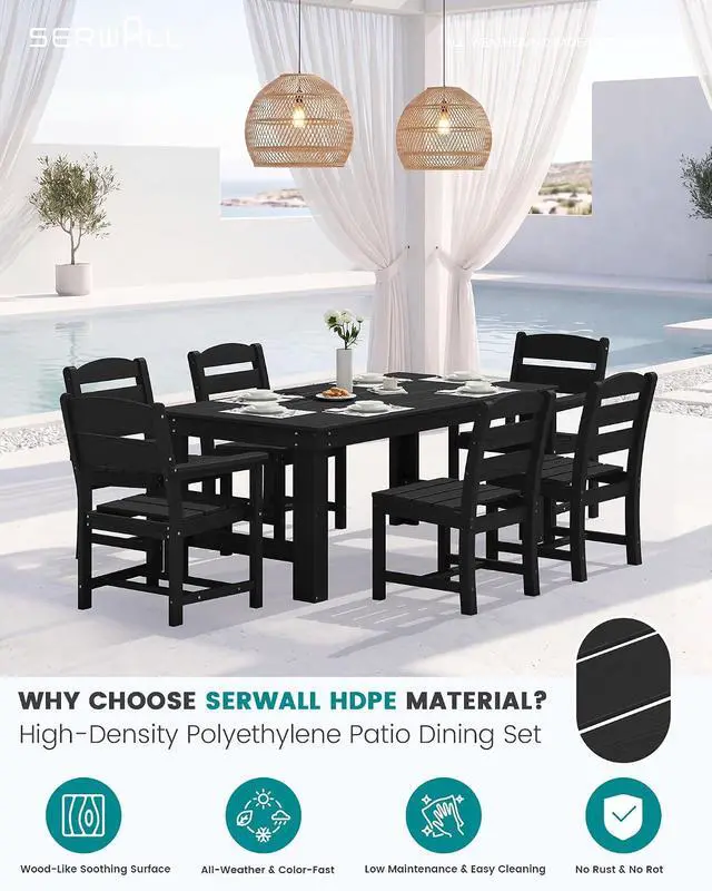 Alt view image 2 of 6 - Outdoor Dining Table Set, 67 HDPE Patio Dining Set for 4, All-Weather Outdoor Table and Armless Chairs Set for Deck, Black