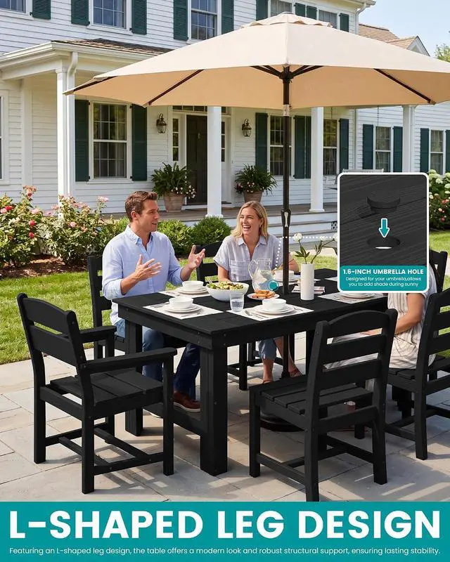 Alt view image 3 of 6 - Outdoor Dining Table Set, 67 HDPE Patio Dining Set for 4, All-Weather Outdoor Table and Armless Chairs Set for Deck, Black