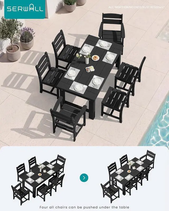 Alt view image 6 of 6 - Outdoor Dining Table Set, 67 HDPE Patio Dining Set for 4, All-Weather Outdoor Table and Armless Chairs Set for Deck, Black