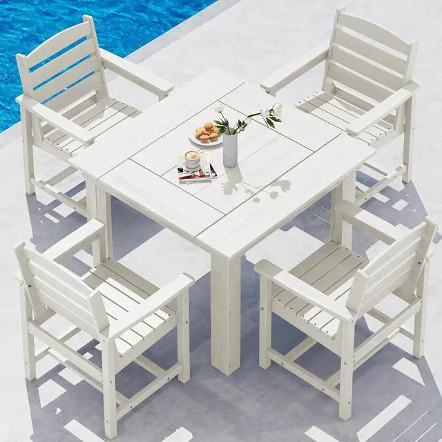 Main image of Outdoor Dining Set for 4, HDPE Square Table and Chairs Set All Weather Patio Dining Set with 4 Classic Dining Chairs, 5-Piece Patio Dining Furniture for Deck, White