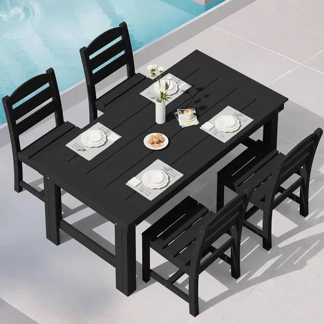 Main image of Outdoor Dining Table Set, 67 HDPE Patio Dining Set for 4, All-Weather Outdoor Table and Armless Chairs Set for Deck, Black