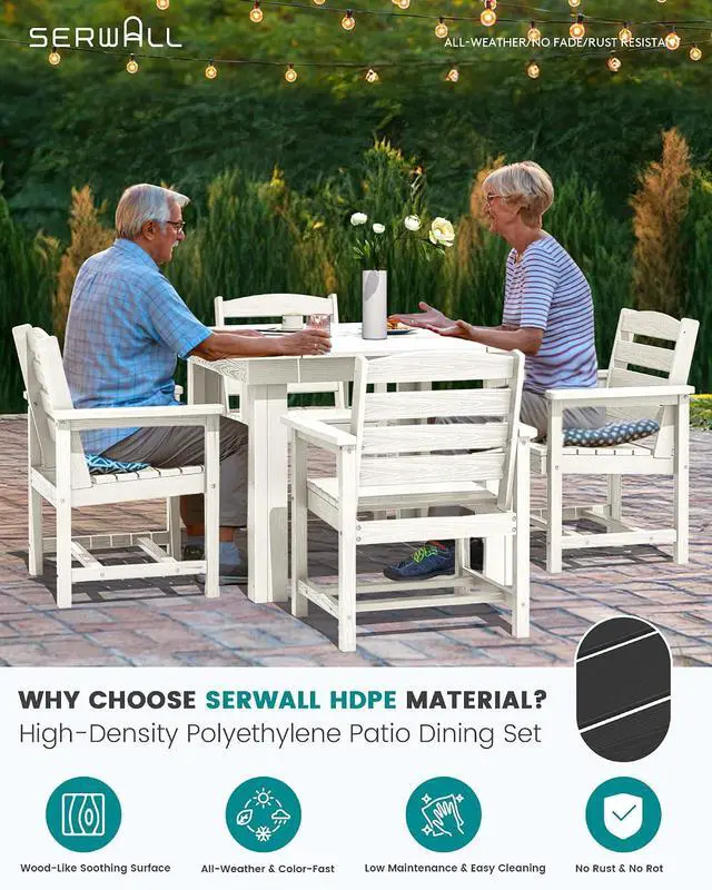 Alt view image 3 of 7 - Outdoor Dining Set for 4, HDPE Square Table and Chairs Set All Weather Patio Dining Set with 4 Classic Dining Chairs, 5-Piece Patio Dining Furniture for Deck, White
