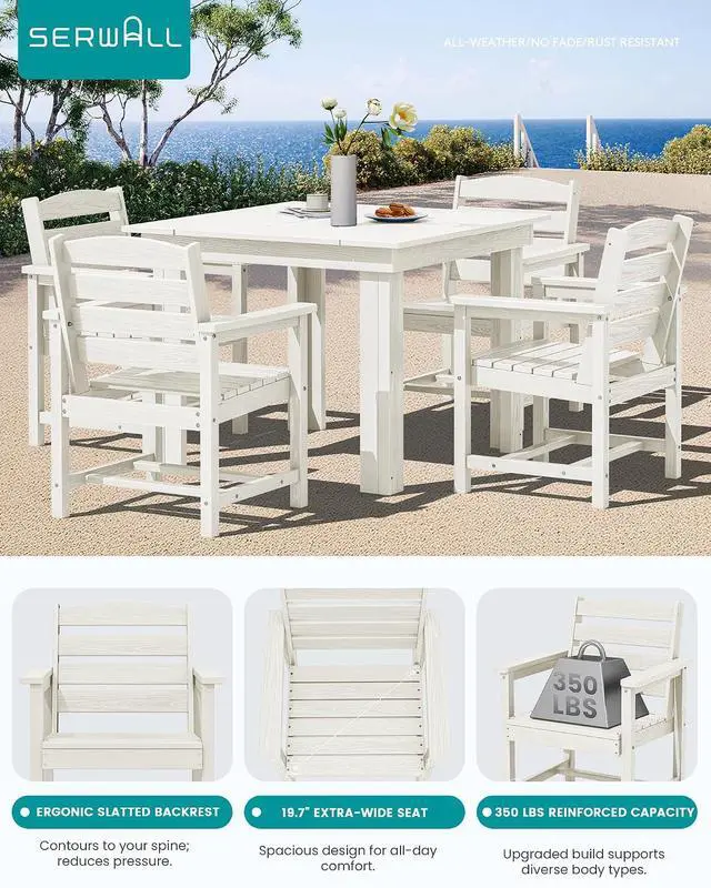 Alt view image 4 of 7 - Outdoor Dining Set for 4, HDPE Square Table and Chairs Set All Weather Patio Dining Set with 4 Classic Dining Chairs, 5-Piece Patio Dining Furniture for Deck, White