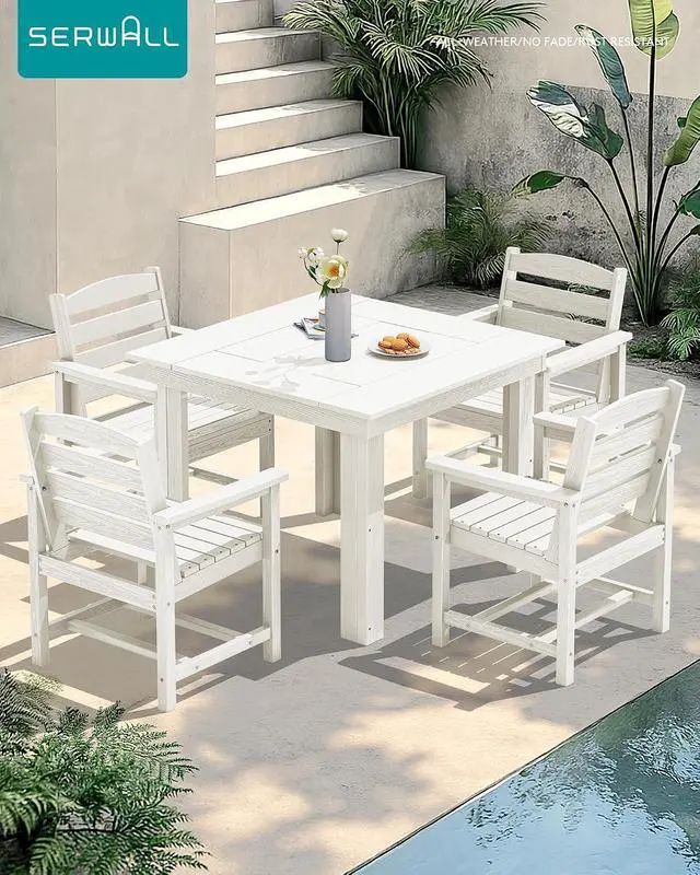 Alt view image 5 of 7 - Outdoor Dining Set for 4, HDPE Square Table and Chairs Set All Weather Patio Dining Set with 4 Classic Dining Chairs, 5-Piece Patio Dining Furniture for Deck, White