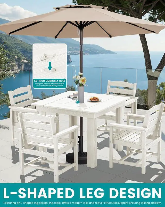 Alt view image 6 of 7 - Outdoor Dining Set for 4, HDPE Square Table and Chairs Set All Weather Patio Dining Set with 4 Classic Dining Chairs, 5-Piece Patio Dining Furniture for Deck, White