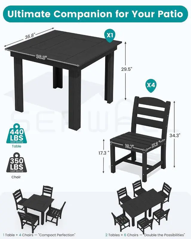 Alt view image 2 of 7 - Outdoor Dining Set for 4, HDPE Square Table and Chairs Set All Weather Patio Dining Set with 4 Armless Chairs for Patio, Black
