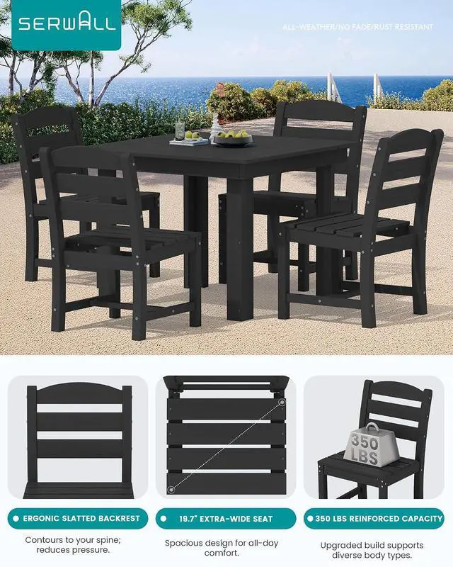 Alt view image 3 of 7 - Outdoor Dining Set for 4, HDPE Square Table and Chairs Set All Weather Patio Dining Set with 4 Armless Chairs for Patio, Black
