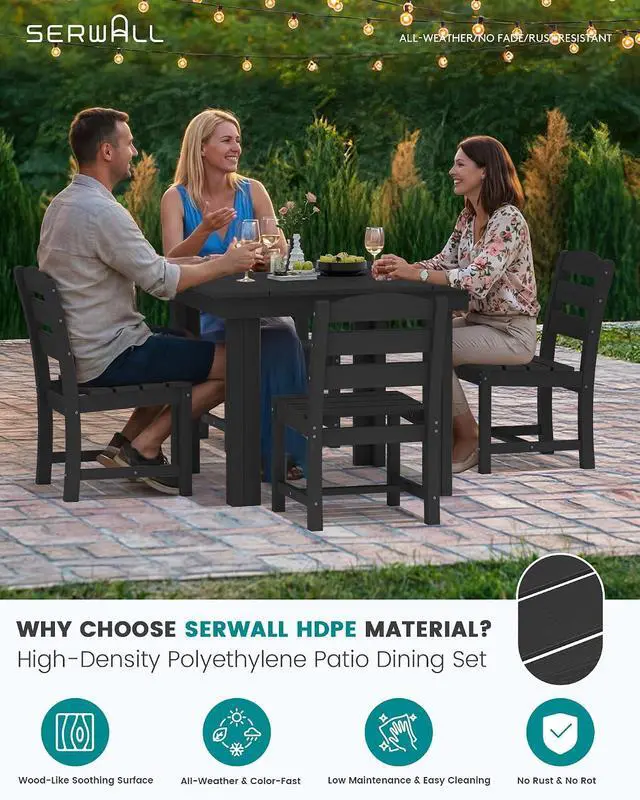 Alt view image 4 of 7 - Outdoor Dining Set for 4, HDPE Square Table and Chairs Set All Weather Patio Dining Set with 4 Armless Chairs for Patio, Black