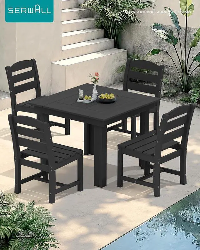 Alt view image 7 of 7 - Outdoor Dining Set for 4, HDPE Square Table and Chairs Set All Weather Patio Dining Set with 4 Armless Chairs for Patio, Black